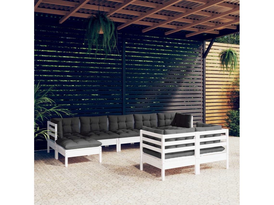 Conjunto de jardín de 9 piezas con cojines de pino macizo blanco de DKD Home Decor