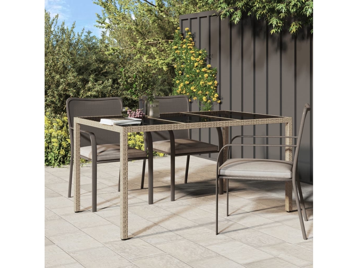 Mesa de jardín LOVELY HOME para cenar en vidrio templado y mimbre, patas beige (150 x 90 x 75 cm)