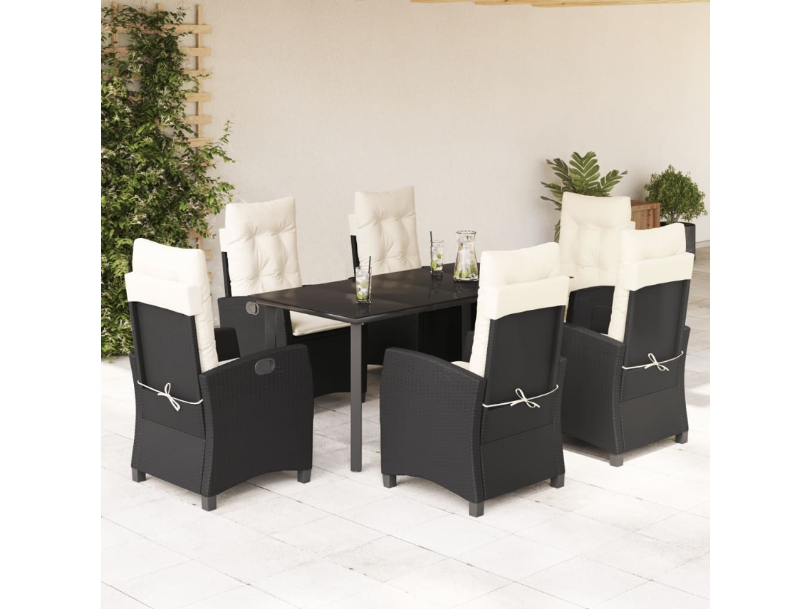 Juego de comedor de jardín de 7 piezas con cojines, mimbre sintético negro, DKD Home Decor