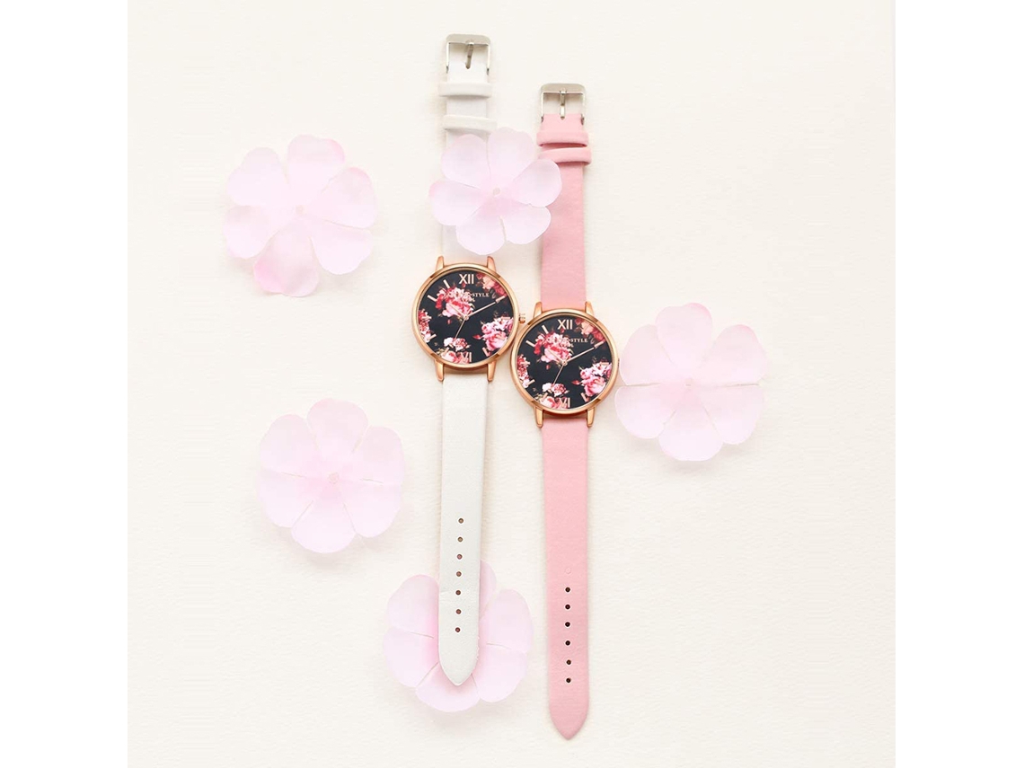 Reloj De Pulsera Analógico De Cuarzo Para Mujer Con Correa De Pu Con Estampado Floral (caja De Oro Rosa Y Correa Rosa).