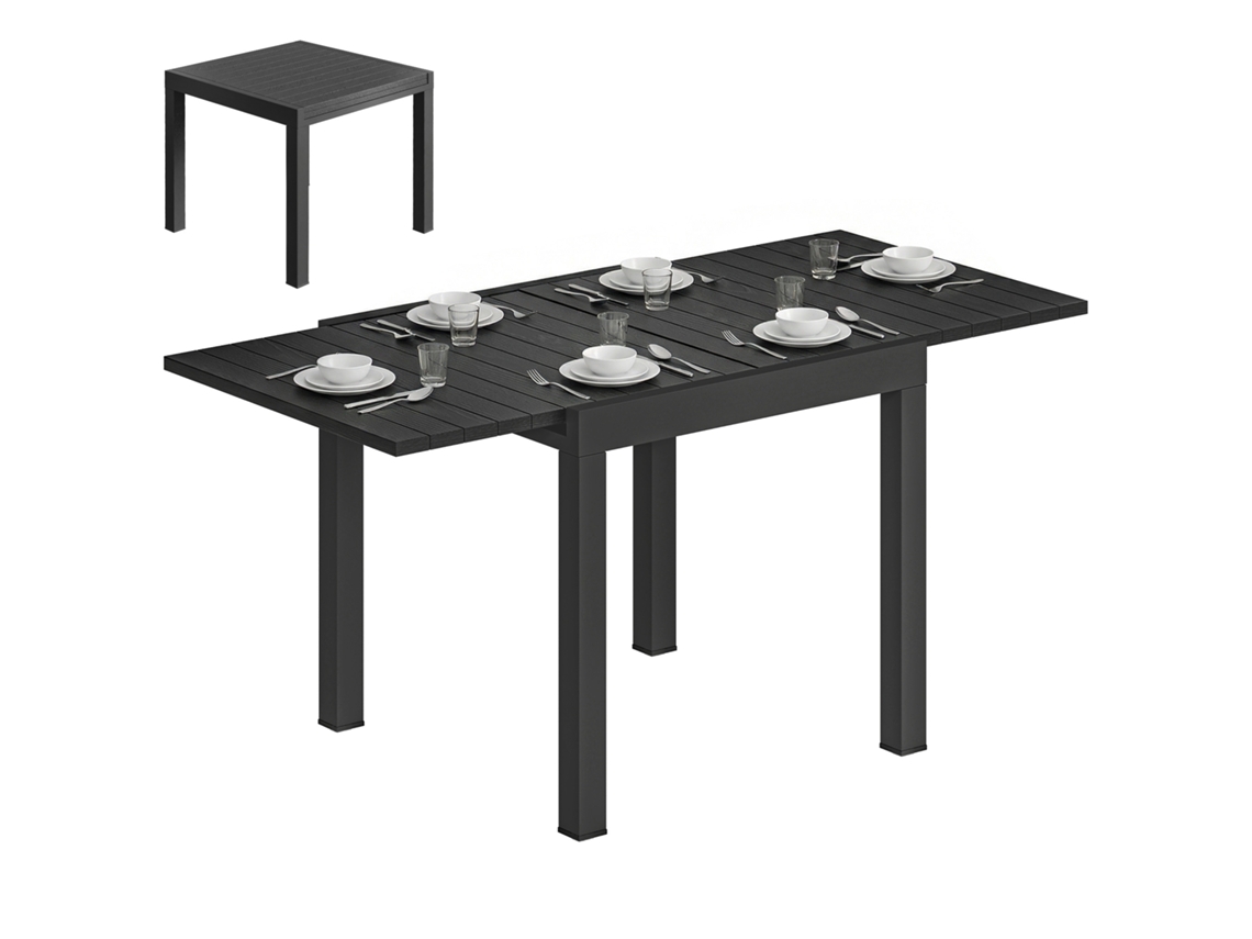 Mesa de comedor extensible de 80/160 cm, de aluminio con listones efecto madera, para 4-6 personas, color negro.