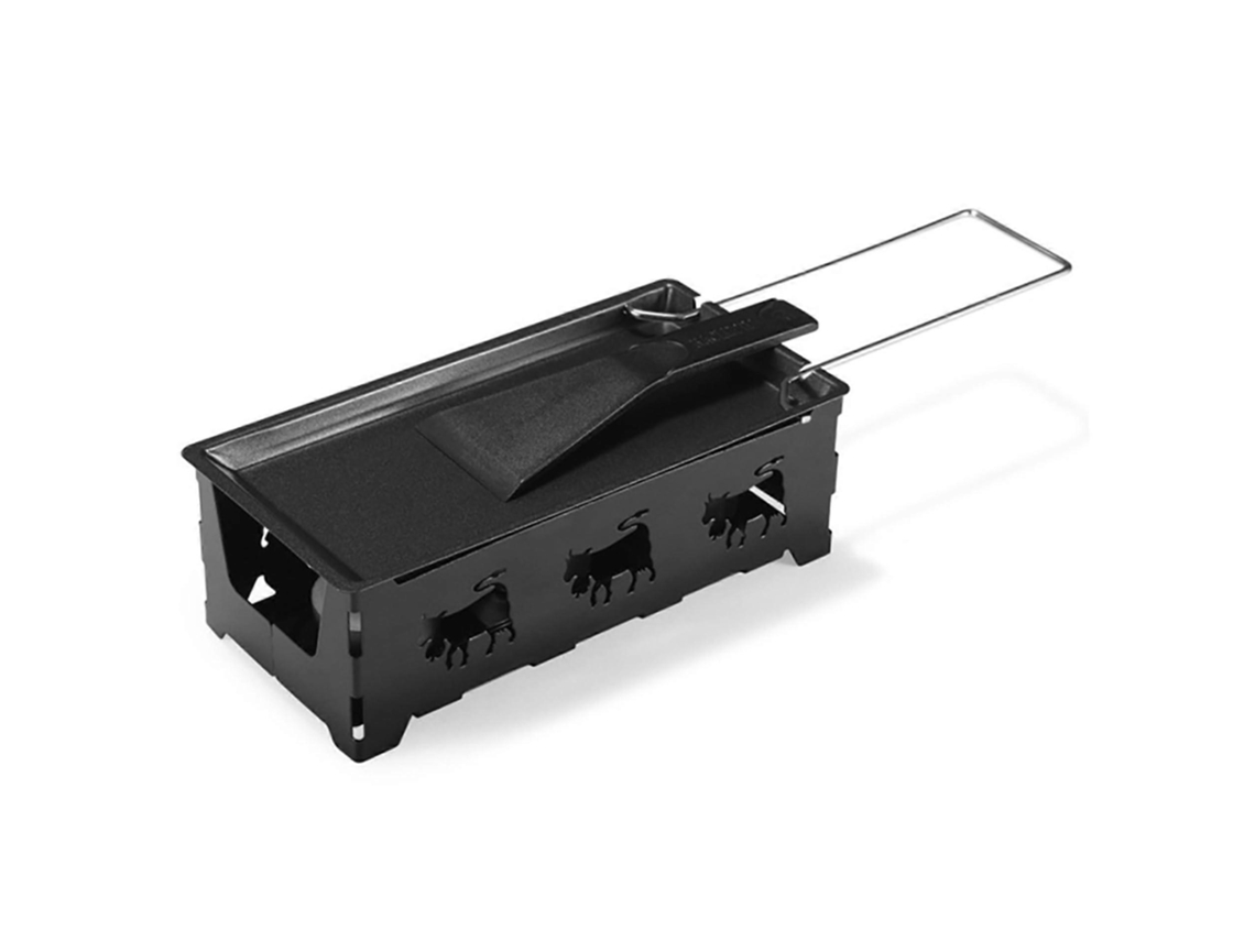 Parrilla para raclette y fundidor de queso con superficie antiadherente, mango plegable y espátula para uso en interiores y exteriores.