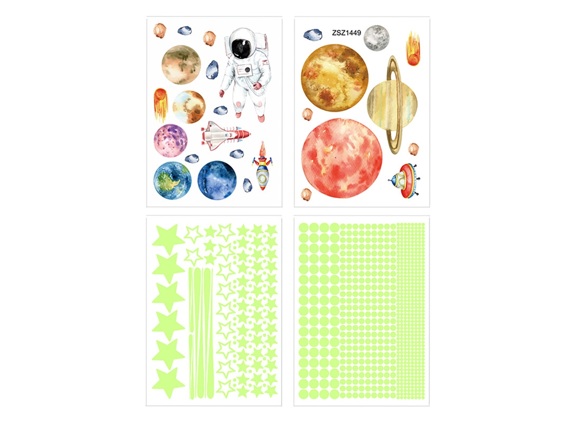 Baok - 4 láminas de pegatinas fluorescentes con astronautas, estrellas y puntos en el cielo para la decoración de habitaciones infantiles (20x28cm)