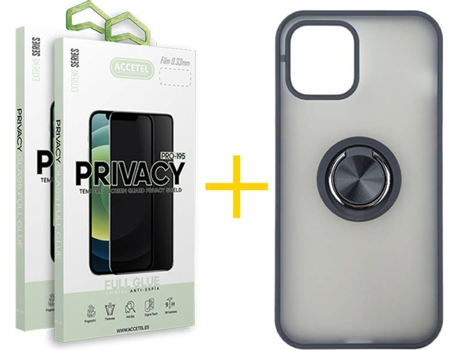 Kit Carcasa y Protector Cristal 2X Privacy Iphone 12 Pro Max Accetel Gel Bumper Negro