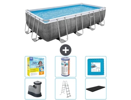 Piscina BESTWAY Rectangular Power Steel - Estampado Ratán - 549 x 274 x 122 - Incluye Bomba - Escalera - Cobertor Accesorios CB34