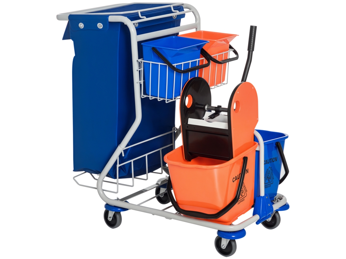 Carro De Limpieza 2 Cubos 18l + 2 Cubos 6l, Con Prensa Y Ruedas, Azul/naranja