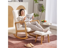 Mecedora con reposapiés. Tapizada en tela bouclé. Patas de madera. 64,5 x 82 x 89 cm. Blanca.
