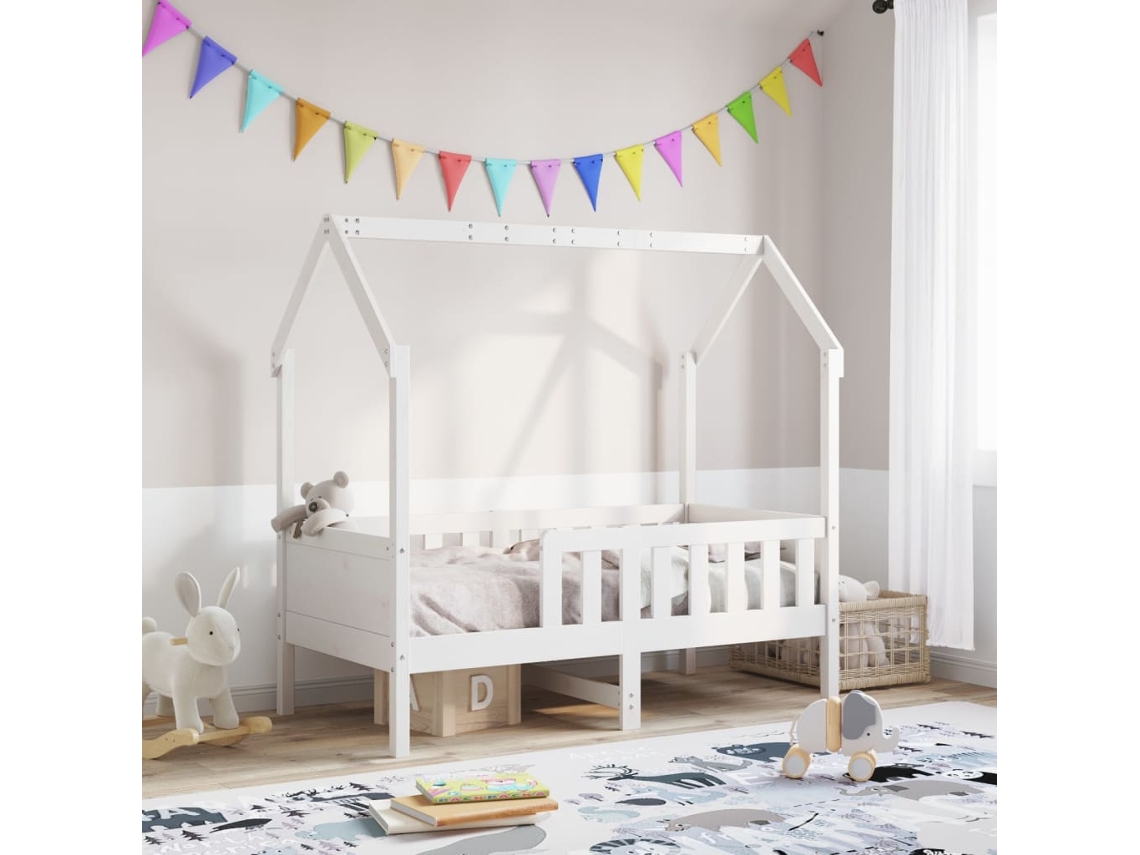 Cama Con Forma De Casa Para Niños Madera Maciza Blanco 80x160cm