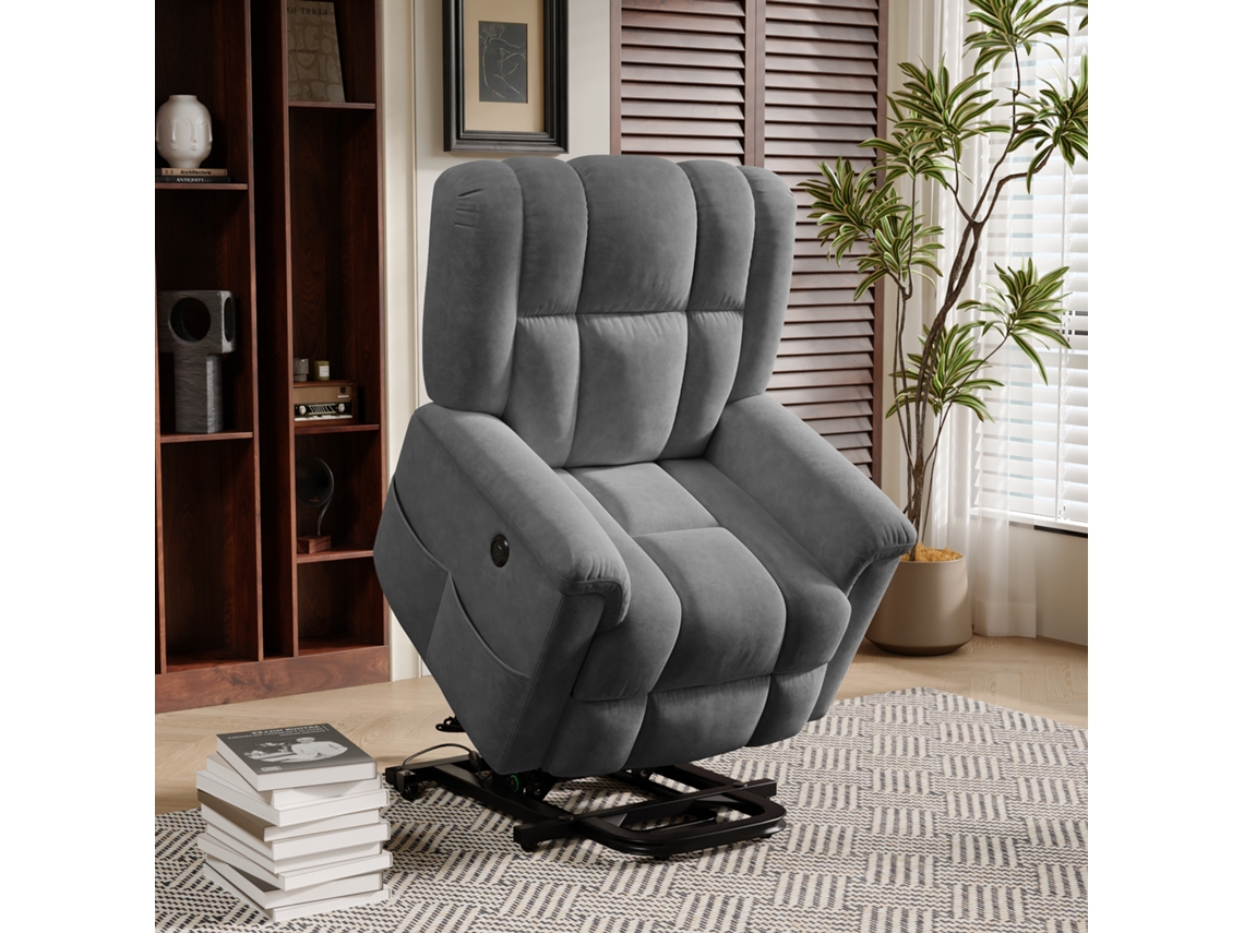Cadeira de Massagem Elétrica SIMURQ Tecido Felpudo 87x65cm com Aquecimento e 8 Pontos Poltrona Reclinável para Sala