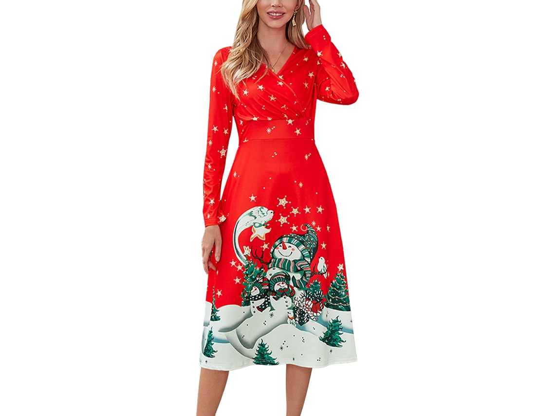 Vestido Largo De Navidad Para Mujer Con Estampado, Cuello En V, Mangas Largas Y Ajuste De Cintura, Rojo Tipo B L