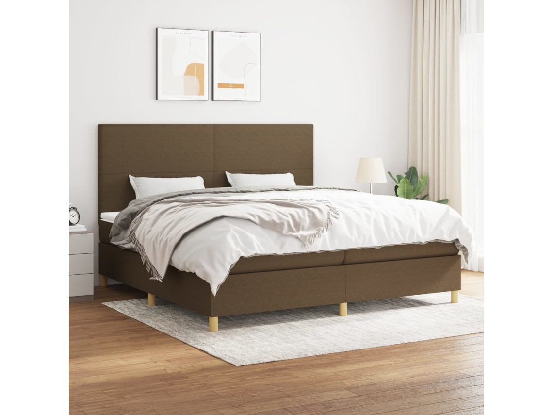 Cama Box Spring Con Colchón Tela Marrón Oscuro 200x200 Cm