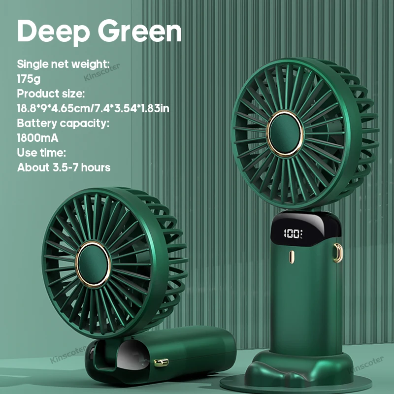 Ventilador De Mano Usb (verde Oscuro), Ventilador De Cuello Plegable, 5 Velocidades De Viento, Recargable Por Usb.