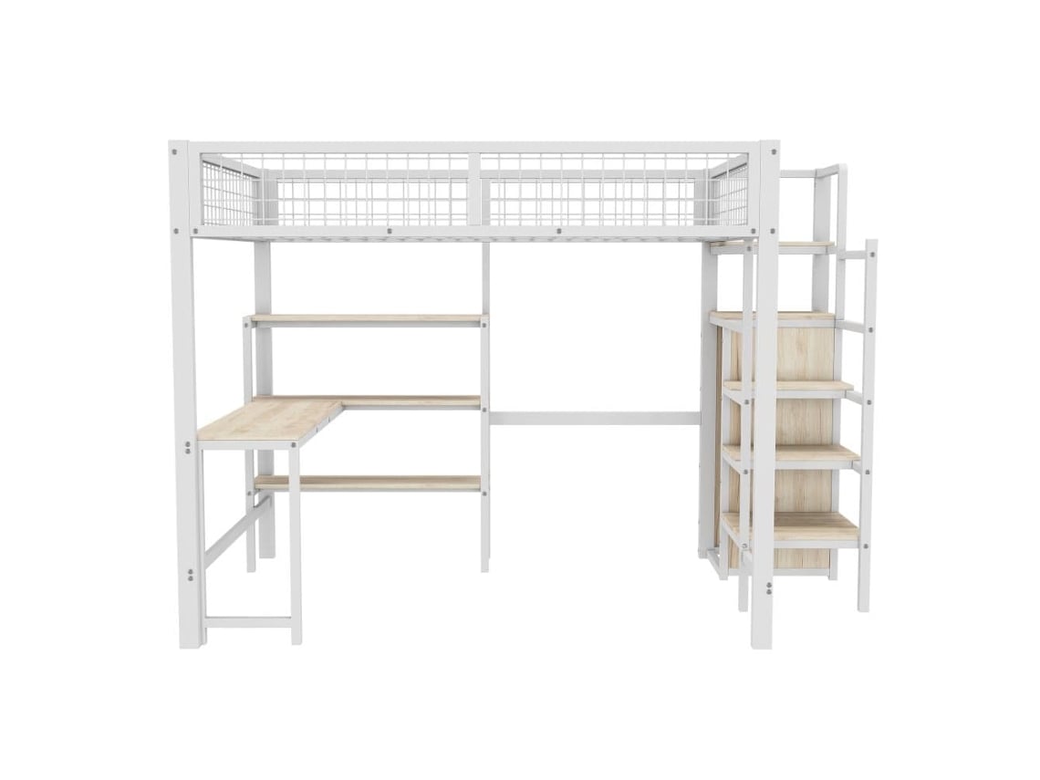 Cama Alta 140x200 Cm - Estructura De Hierro - Con Escritorio Y Estantes - Blanco