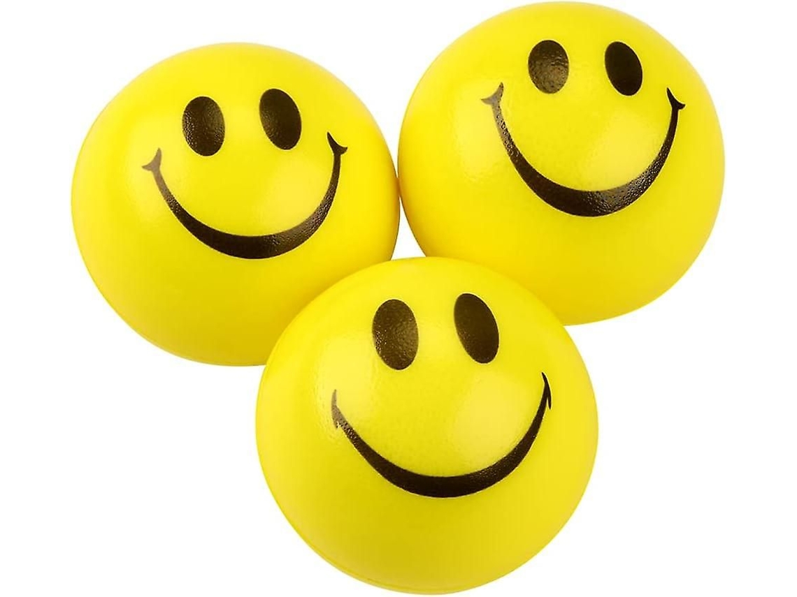 Pack 3 bolas antiestrés amarillas. Apretar y sonreír. Ejercitar manos, aliviar estrés y ansiedad.