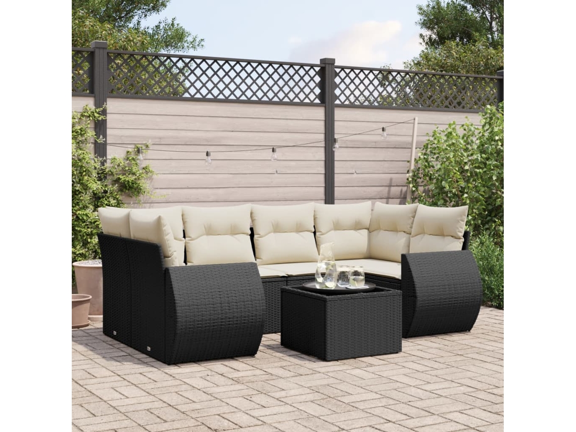 Conjunto de sofá de jardín de 7 piezas con cojines de mimbre negro de DKD Home Decor