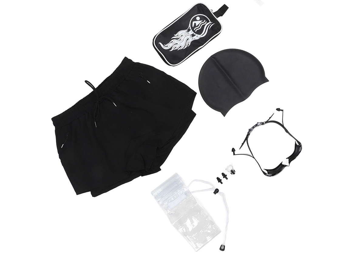 Conjunto de 8 piezas KKLV para hombre: bañador, gorro, gafas de sol, bolsa impermeable para teléfono, protectores auditivos, talla XL, gimnasio, playa.