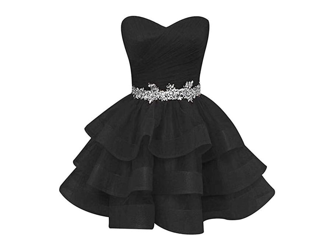 Vestido de Fiesta de Moda, Vestido Corto Con Faja de Cristales de Novia  Negro - 20W