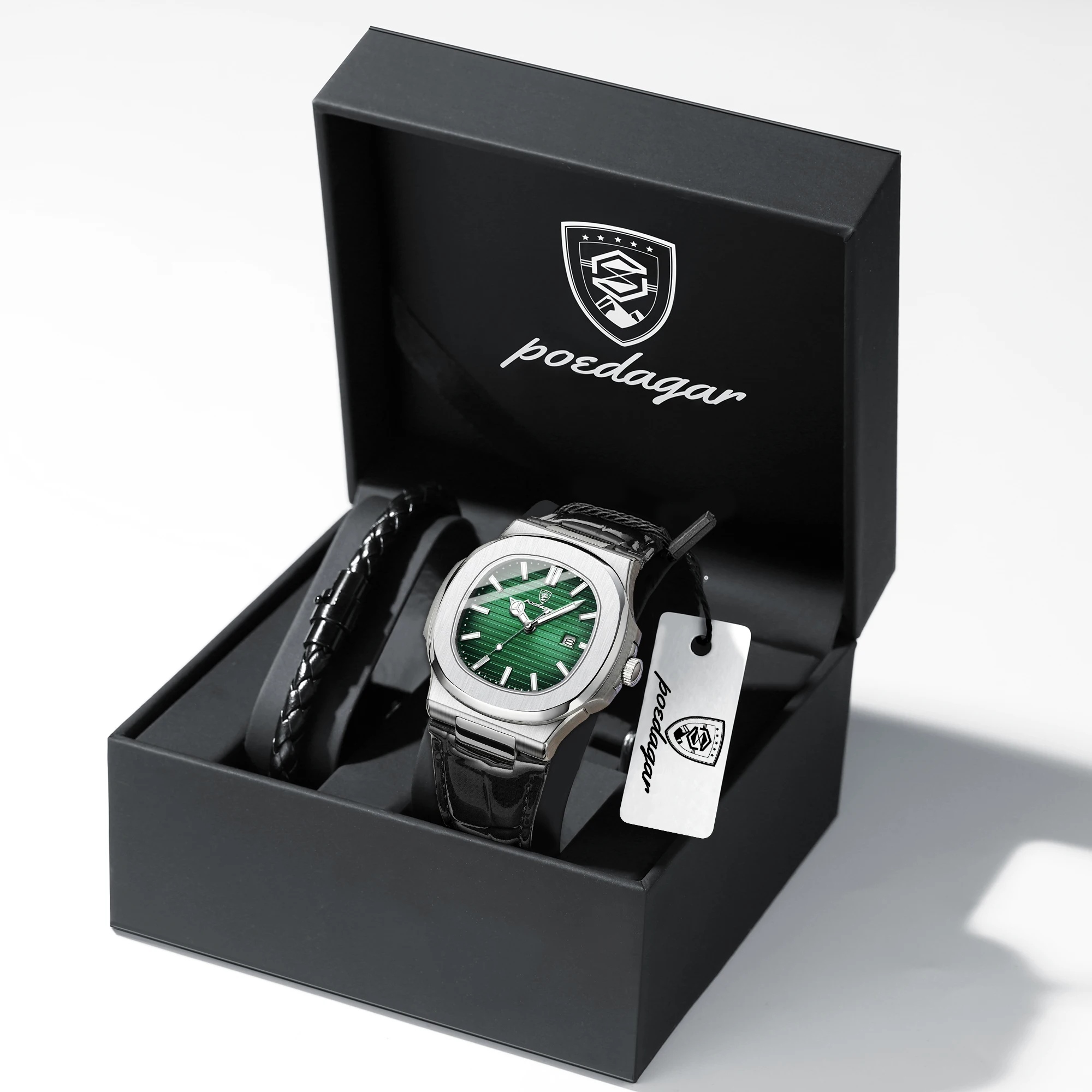 (caja Plateada, Esfera Verde) Reloj De Hombre, Indicación De La Fecha, Resistente Al Agua, Luminoso, Esfera Cuadrada, Correa De Cuero