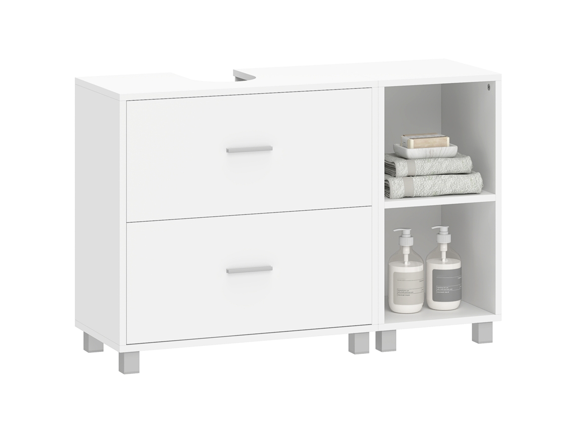 Mueble De Baño Con Lavabo De Pedestal, 2 Cajones Y 2 Estantes Abiertos, Con Unas Dimensiones De 90x30x60 Cm.