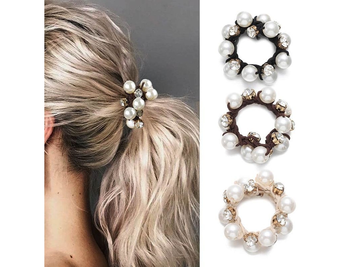 Goma De Pelo Con Perlas Falsas Y Zircones Para Cabello Elástico (3-paquetes)