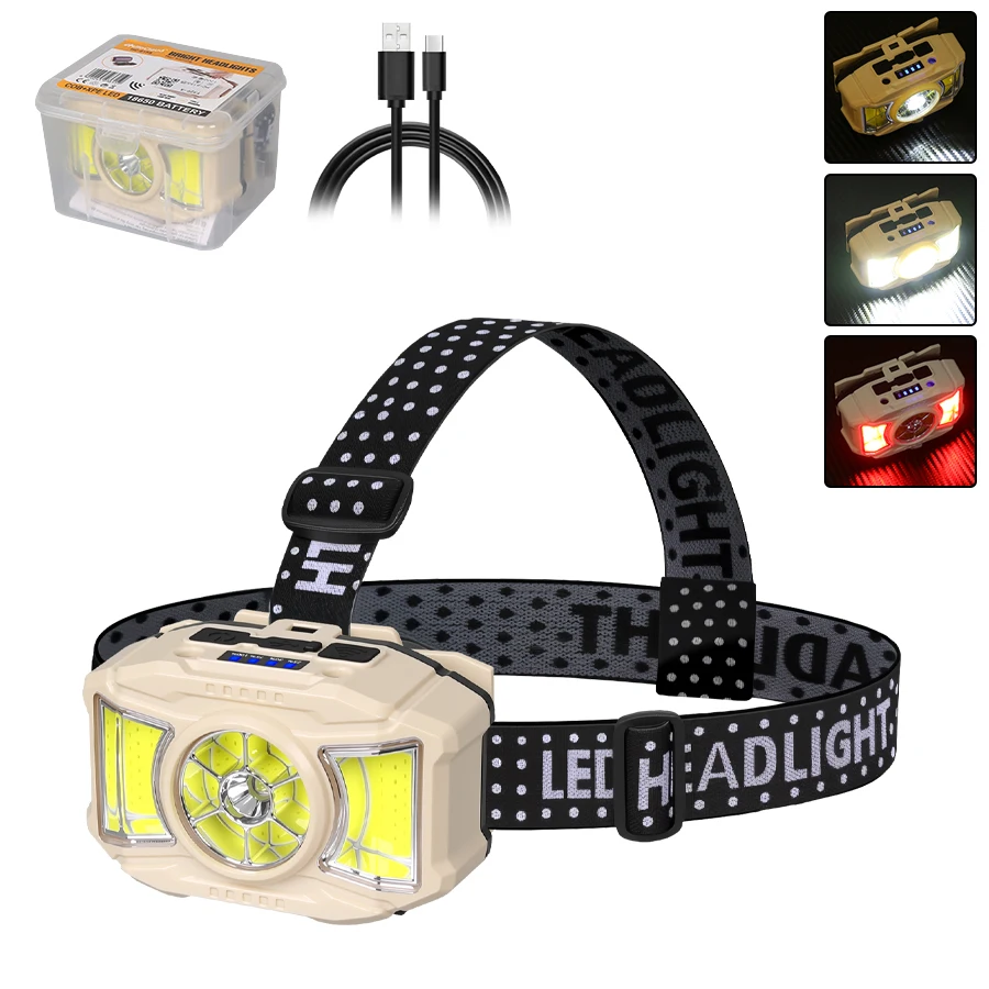 Linterna frontal COB con sensor, potente LED, recargable por USB, impermeable, ideal para camping, pesca y minería. Aeuzwr