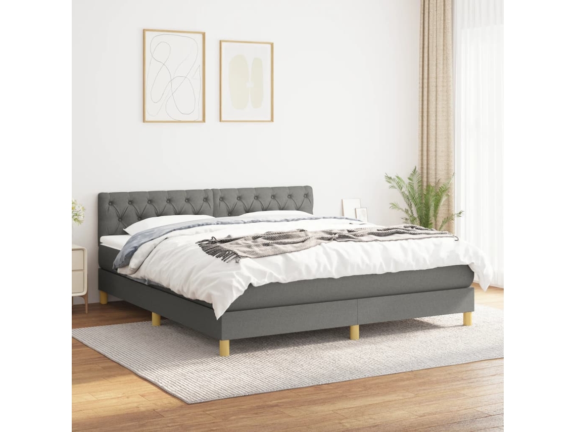 Cama Box Spring Con Colchón Tela Gris Oscuro 160x200 Cm