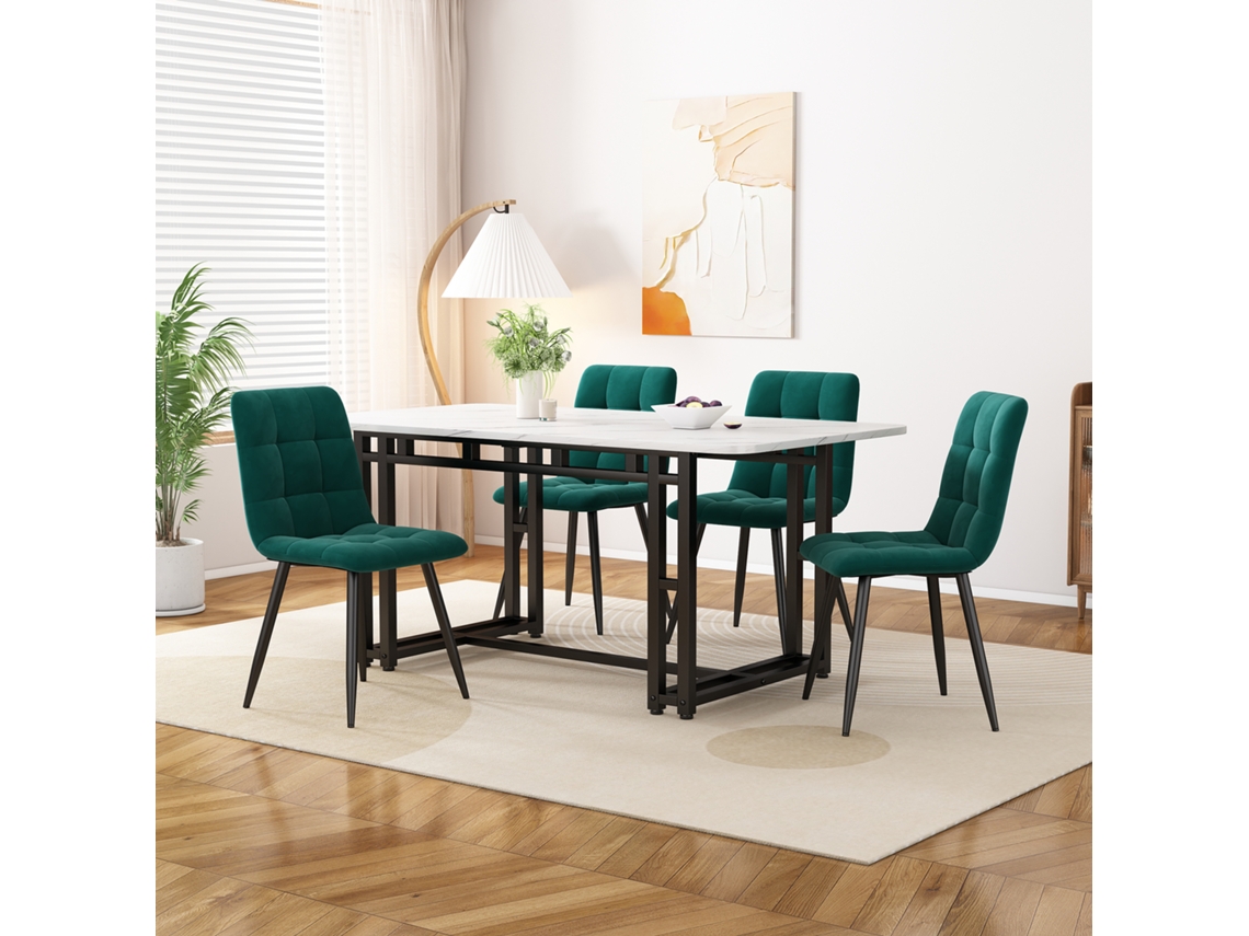 Moderno Conjunto De Mesa E Cadeiras Para Cozinha/sala De Jantar, Composto Por Quatro Cadeiras, Com Detalhes Em Veludo Verde-escuro.