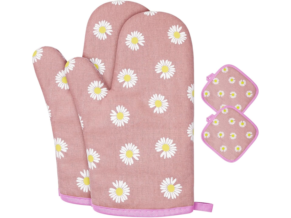 Guantes Dobles (con Dos Asas) - Algodón Antideslizante - Lavables - Resistencia Máxima A La Temperatura 180 °c - Estampado Floral Rosa