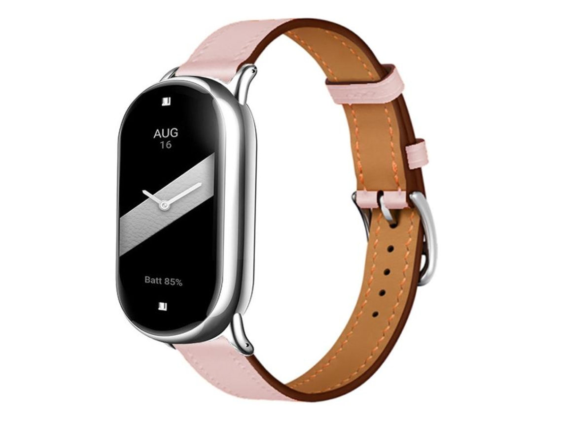 Bracelete Para Xiaomi Smart Band 10/9/8 - Couro - Fivela Prateada Fina Rosa