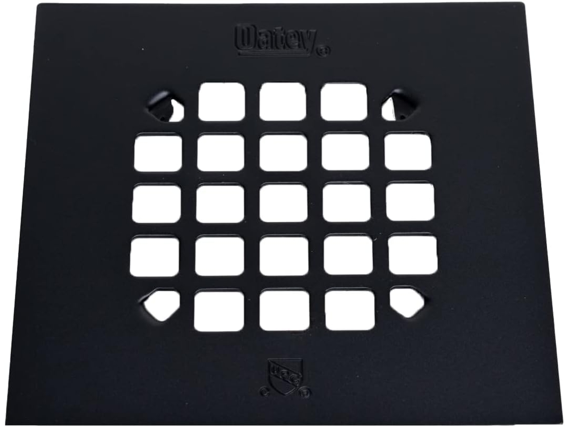 Desagüe de ducha cuadrado Oatey 42423 de 4-1/4 pulgadas con conexión rápida, negro mate.