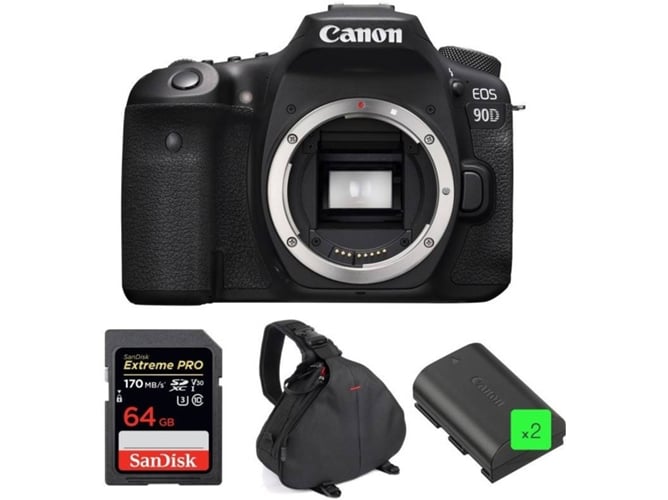 Kit Cámara Réflex CANON EOS 90D + SanDisk 64GB + 2 LP-E6N + Bolsa