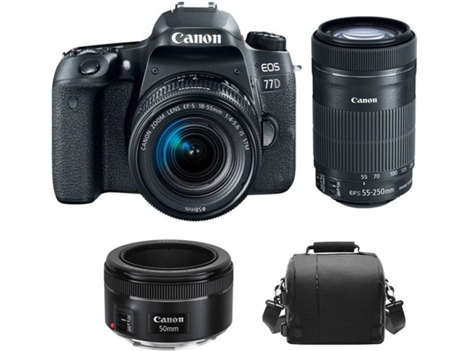 Kit Cámara Réflex CANON EOS 77D EF-S 18-55mm F4-5.6 IS STM + EF-S 55-250mm F4-5.6 IS STM + EF 50mm F1.8 STM + Bolsa