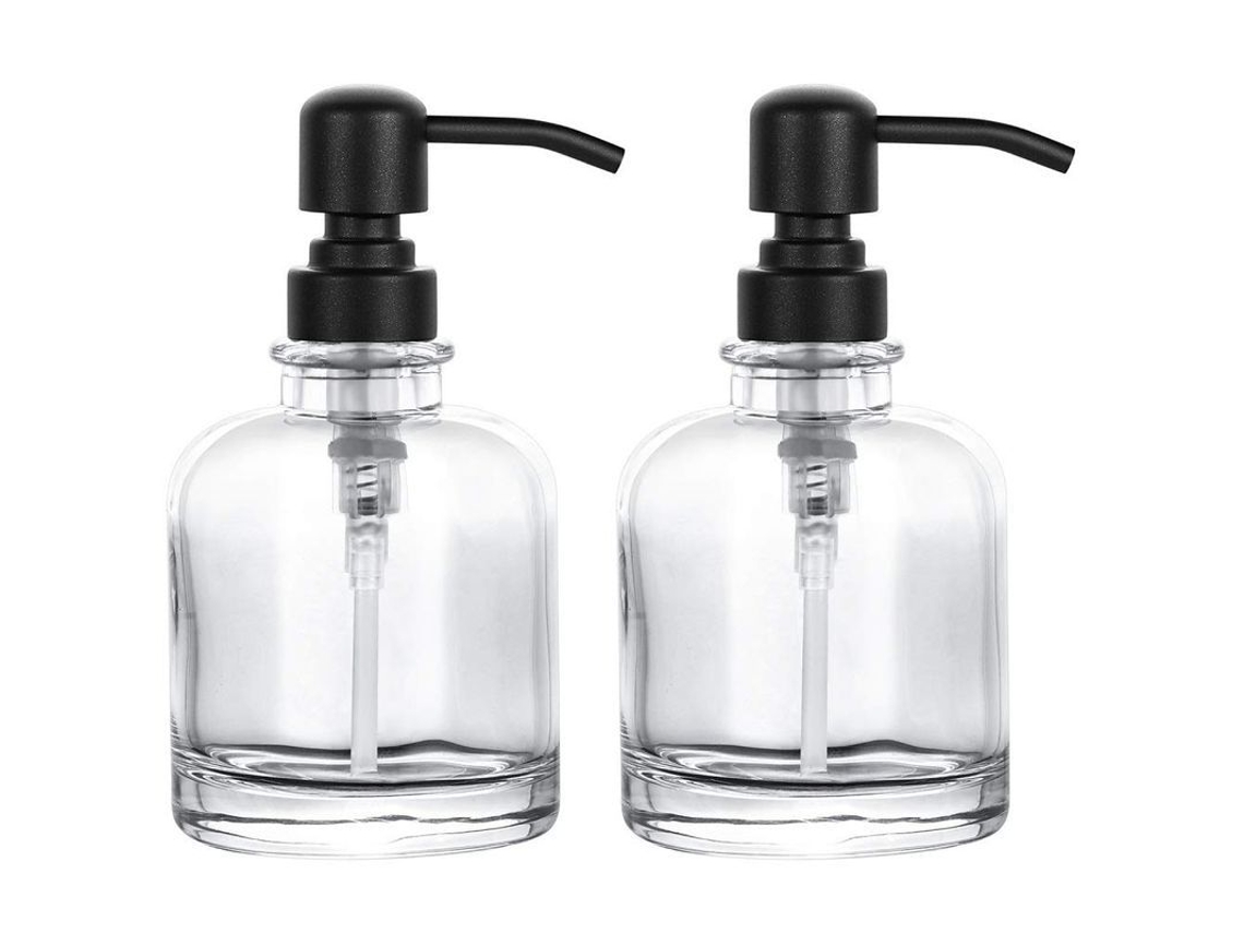 Dispensador De Jabón De Vidrio Ámbar Grueso (paquete De 2) Con Bomba De Acero Inoxidable Negro Mate, 355 Ml (12 Oz)