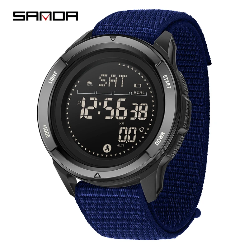 Reloj Digital Para Hombre Con Correa De Nailon Azul, Podómetro, Brújula Y Función Resistente Al Agua Para Uso En Exteriores.
