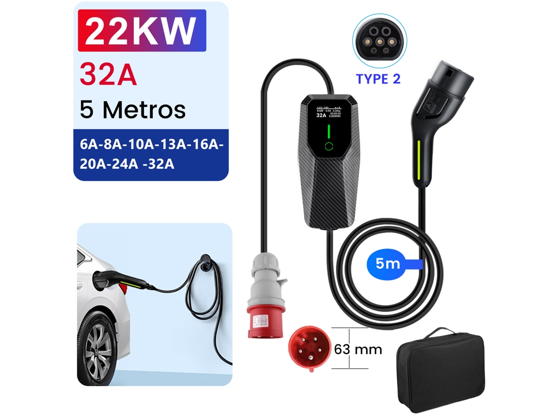 Cargador para vehículos eléctricos, trifásico de 22 kW, ajustable de 8 a 32 A, cable de 5 metros JUNSUN