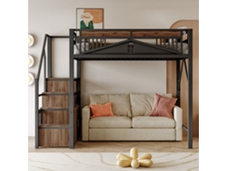 Cama Alta Metálica 140x200 Cm - Caja De Seguridad Con Ventana, Escalera Con Armario - Negro