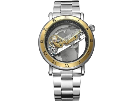 VEANXIN Reloj automático para hombre, esfera de esqueleto hueco transparente, relojes de acero inoxidable en tono plateado-Oro plata