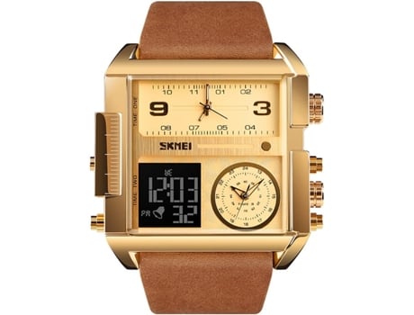 VEANXIN Reloj deportivo cuadrado para hombre, reloj de pulsera resistente al agua con alarma de esfera grande doble-Rosa Dorado Marrón