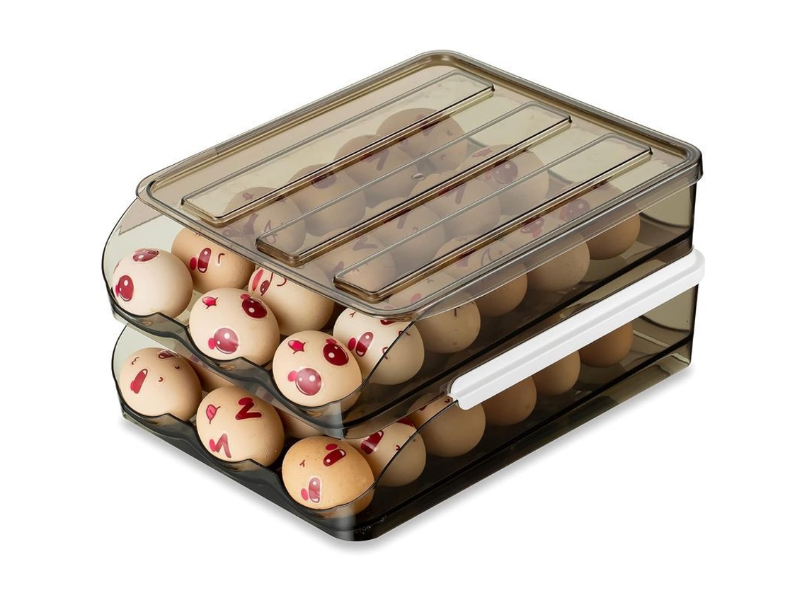Organizador De Huevos Para Refrigerador Con Mecanismo De Rodillo Automático, 2 Niveles, Capacidad Para 36 Huevos, Gris Transparente.