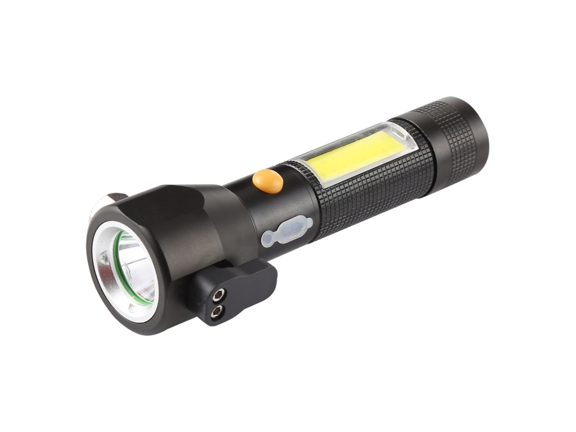 Linterna LED recargable de alta potencia 10W 450 lúmenes con tres modos y martillo de seguridad.
