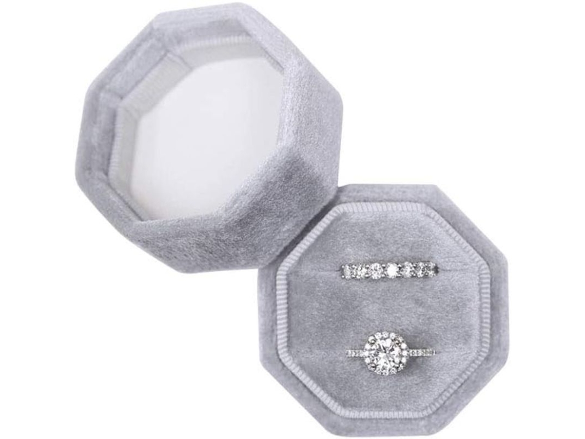 2026-caja De Anillos De Terciopelo Octagonal Para Boda Compromiso Con Doble Ranura Gris