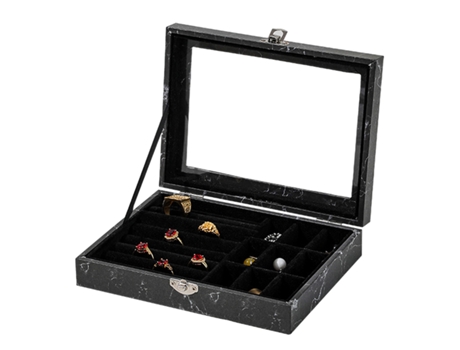Caja de joyería 2 en 1 soporte organizador de anillos vitrina apilable bandeja de almacenamiento de joyas con cerradura 20x15x5cm negro ZMDECQNA