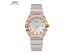 Reloj redondo impermeable para mujer (oro blanco) con calendario, diseño sencillo con diamantes de imitación y movimiento de cuarzo.
