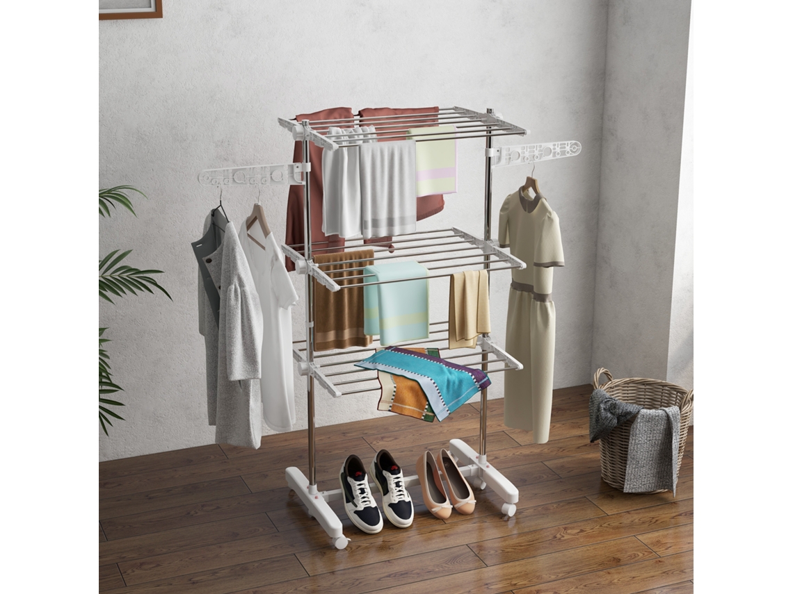 Tendedero vertical plegable, 6 ruedas, estantes ajustables, estructura de acero inoxidable, color plata, PMM CAPITALI