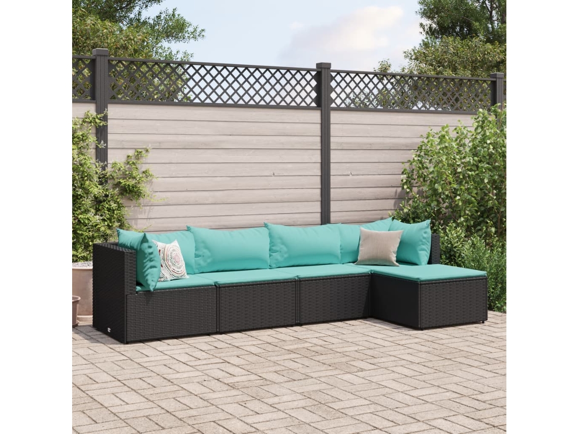 Conjunto de jardín de 5 piezas con cojines, mimbre sintético negro, DKD Home Decor