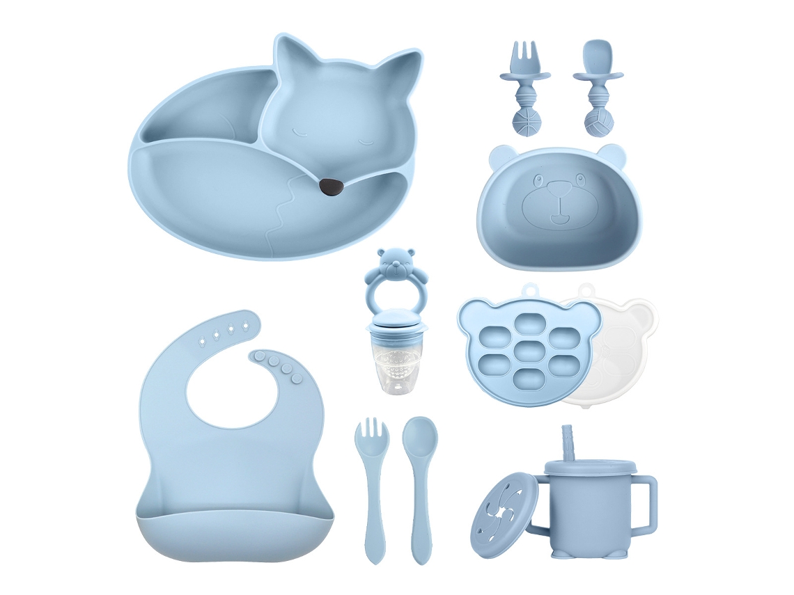 Set De Cubiertos Bebé Chrui 6+ Meses Plato Zorro Ventosa + Cubiertos (azul)