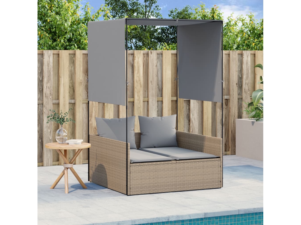 Tumbona Doble Con Techo Y Cortinas Ratán Sintético Beige