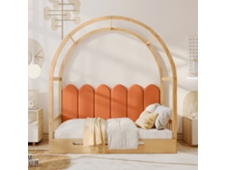 Cama Infantil Extensible 140x200cm - Con Dosel Arqueado, Nido Deslizante Y Cojines De Terciopelo - Natural Y Naranja