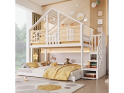 Litera 90x200cm+140x200cm - Diseño Casita, Ventana, Escalera Con Estante - Blanco + Natural