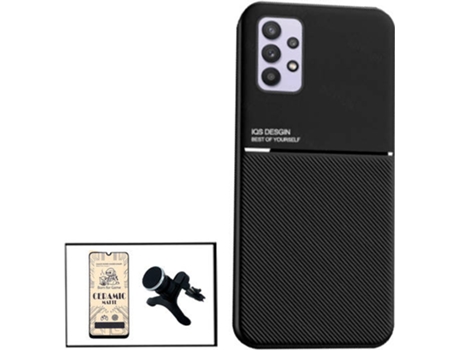 Kit Funda Magnetic Lux, Cristal Templado CeramicGlass Full Cover y Soporte Magnético de Coche Reforzado Samsung Galaxy A32 5G PHONECARE Negro